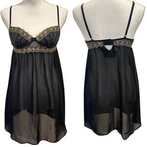 VTG‎ Leo Modas Black Sheer Chemise With Gold Floral Embroidered Bodice Coquette
